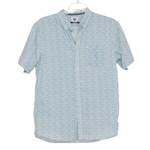 VISSLA Mens XL Button Up Short Sleeve Shirt Blue Geometric All Over Print